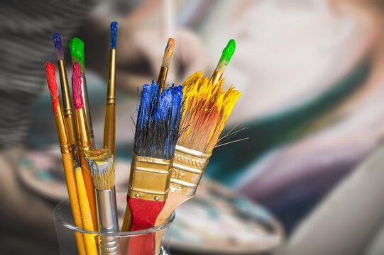 Paint brush and art painter tools. Paintbrush for painting in artist studio workplace
