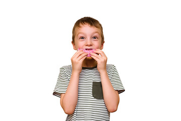 happy boy eating donut in pink glaze isolate on white background