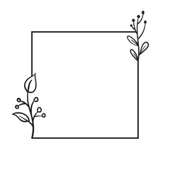 Square botanical frame element with leaves. Simple contour vector illustration.