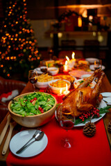 Various type of food such as Roasted Turkey, vegetable salad, french fried and other are prepared and put on table near Christmas tree for celebration of Christmas holiday of family.