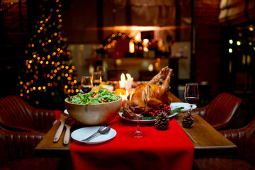 Various type of food such as Roasted Turkey, vegetable salad, french fried and other are prepared...