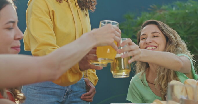 Group of friends celebrating toasting with drinks. Diverse people toast during barbecue garden party - Powered by Adobe