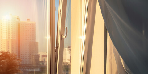 Open window plastic frame and wind blowing and swaying white curtain at sunset indoor