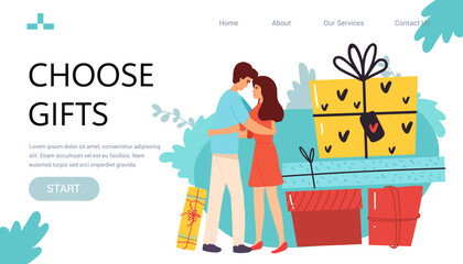 Landing page banner Happy couple lovers hug celebrateholiday together. many gifts Smiling man and woman have fun embrace enjoy New Year party or celebration. flat Vector illustration