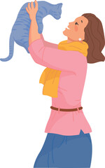 Fototapeta premium Person playing with pet. Happy woman holding cat