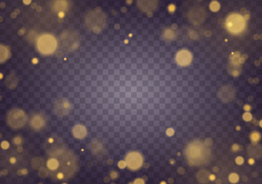 Defocused Abstract Golden Bokeh Lights And Sparkles. Blur Christmas Glowing Gold Dust Confetti And Spark Overlay Texture For Your Design. Glares With Flying Glowing Particles Light. Vector.