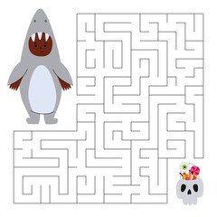 Maze game for children. Cute boy in costume shark looking for a way to the skull bag with sweets. Children's educational game.