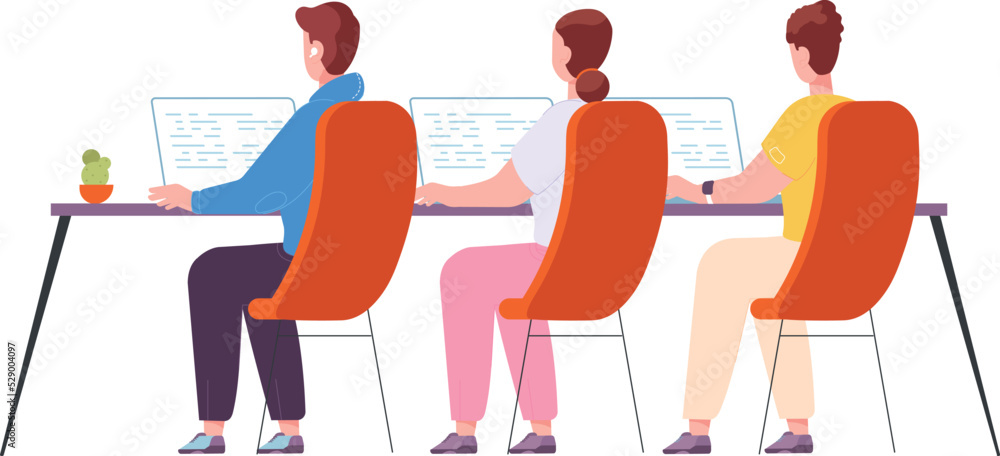 Poster programmers working at computer desk back view. teamwork workplace