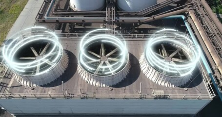 Industrial cooling towers. Cooling tower from a drone. Wet cooling towers. Evaporative cooling towers