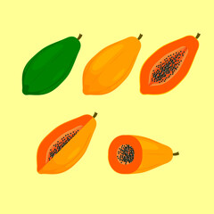 Set of papaya and sliced papayas isolated on white background with cartoon style.
