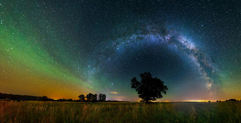 Panorama view of milky way in the night sky, deep starry sky with Milky way over head