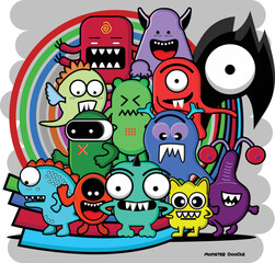 Colorful monster doodle characters, Funny cartoon monsters card