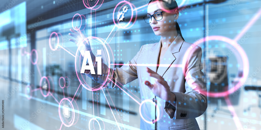 Poster ai artificial intelligence neural network deep machine learning concept. young business woman pressi