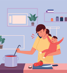 Woman cooking on kitchen with little baby. Multitasking mother