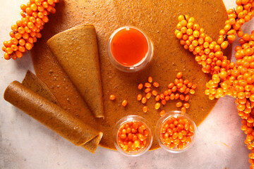 Pastille of apples and sea buckthorn rolled into rolls without sugar. Healthy food.Vitamin C. Food...