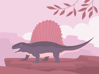Dimetrodon dinosaur hunter of the Jurassic period. Fin plate on the back. Ancient prehistoric pangolin in the background of a rocky landscape. Cartoon illustration