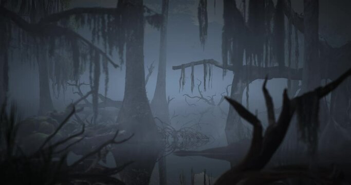 Animated landscape, moving slowly through a dark, foggy swamp, with trees and logs covered in spanish moss and a swarm of mosquitos.