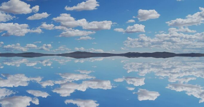 Animated landscape of a calm lake or flooded salt flat, reflecting the clouds and sky, with hills in the background.