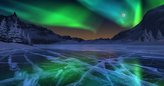Animated polar landscape of auroras in a night sky, over a frozen lake with snowy mountains in the background