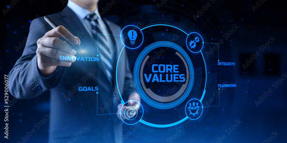 Poster core values responsibility innovation. businessman pressing button on screen.