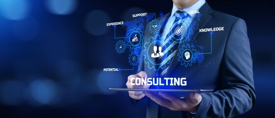 Consulting service business concept. Businessman pressing button on screen.