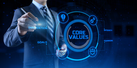 Core values Responsibility Innovation. Businessman pressing button on screen.