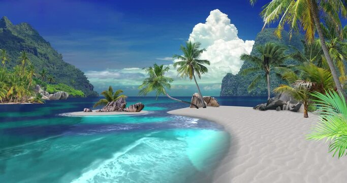 Animated landscape of a beautiful, sandy tropical beach with palm trees, surrounded by cliffs 