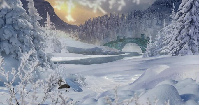 Animated winter landscape of a snow-covered valley with a river and bridge, and mountains and sunset in the background