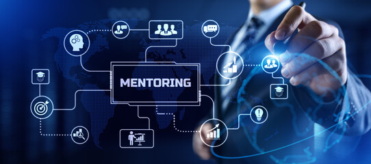 Mentoring coaching training personal development. Businessman pressing button on screen.