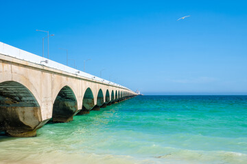 The beach and the famous pier at Progreso near Merida in Mexico - 529006403