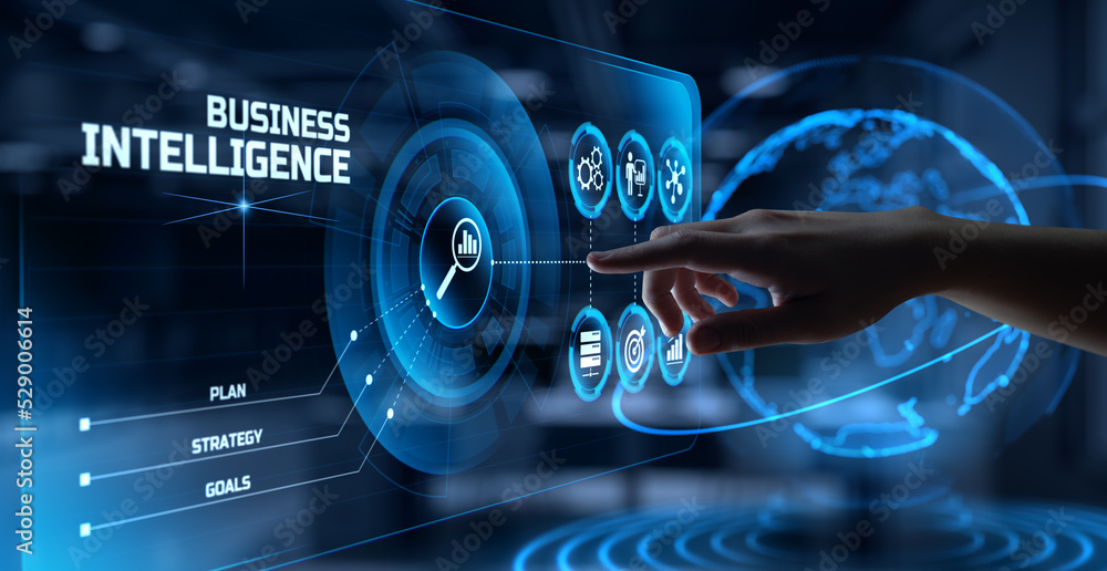 Poster bi business intelligence analytics analysis technology concept. hand pressing button on screen.