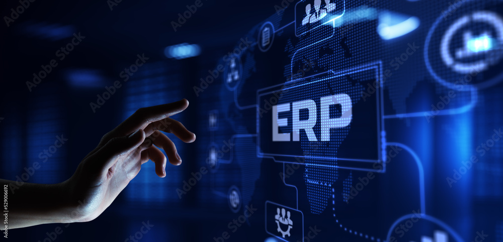 Poster erp enterprise resources planning software system business process automation concept. hand pressing