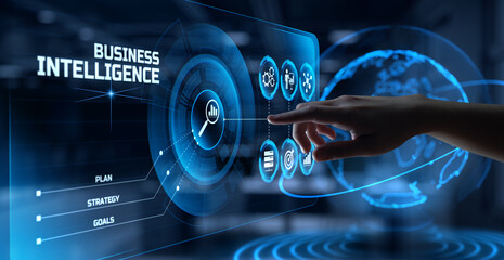 BI Business intelligence analytics analysis technology concept. Hand pressing button on screen.