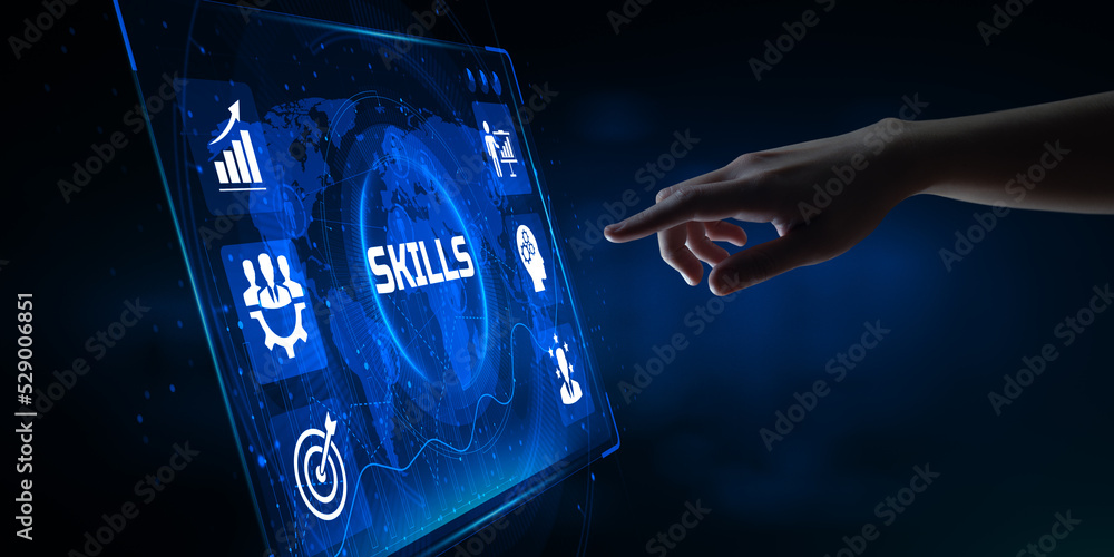 Poster skills personal development concept. hand pressing button on screen.