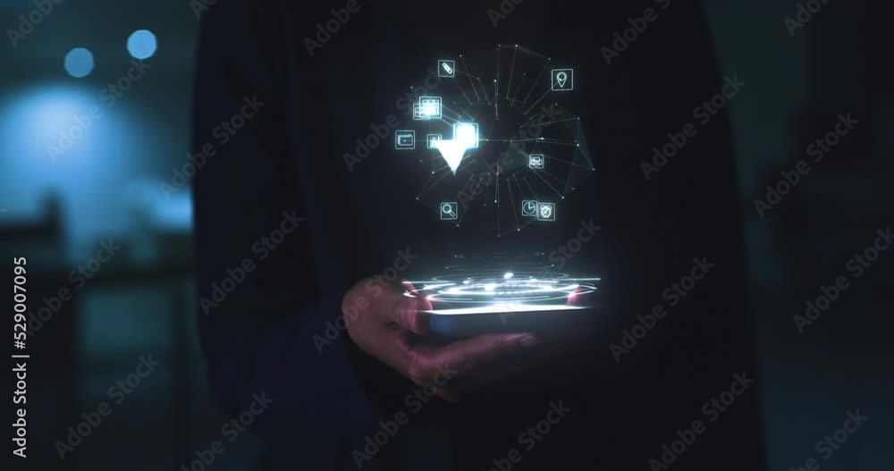 Poster 3d futuristic phone, hologram and digital globe with a person showing an app, vr or iot. Ai, big data and future animation showing ux, ui and technology or buttons, hud icons and network logo.