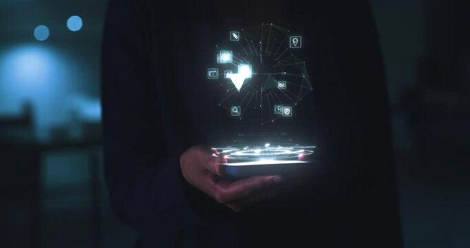3d futuristic phone, hologram and digital globe with a person showing an app, vr or iot. Ai, big data and future animation showing ux, ui and technology or buttons, hud icons and network logo.