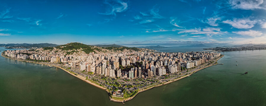 Florianopolis panorama at sunset. Modern buildings with evening light. Florianopolis panoramatic shot.