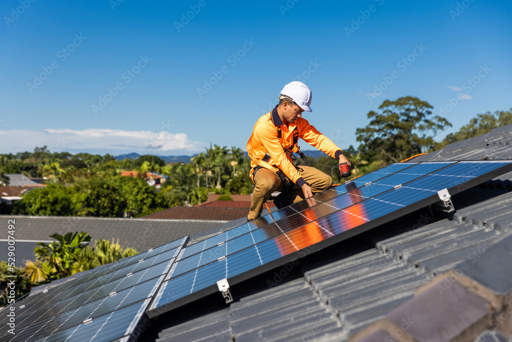 Wall mural solar panel technician with drill installing solar panels