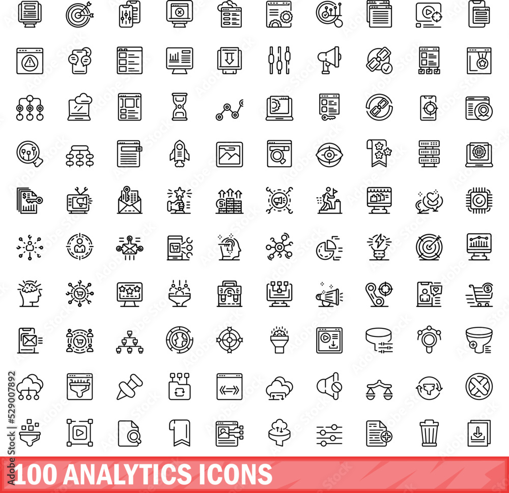 Poster 100 analytics icons set. outline illustration of 100 analytics icons vector set isolated on white ba