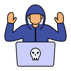 Skull and crossbones on a laptop screen vector icon design, White Collar Crime symbol, Computer crime Sign, security breakers stock illustration, Spam and cybercrime Concept