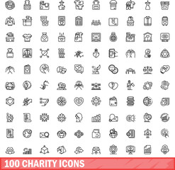 100 charity icons set. Outline illustration of 100 charity icons vector set isolated on white background