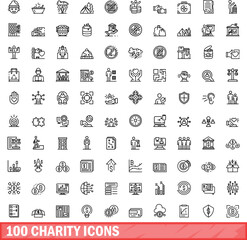 100 charity icons set. Outline illustration of 100 charity icons vector set isolated on white background