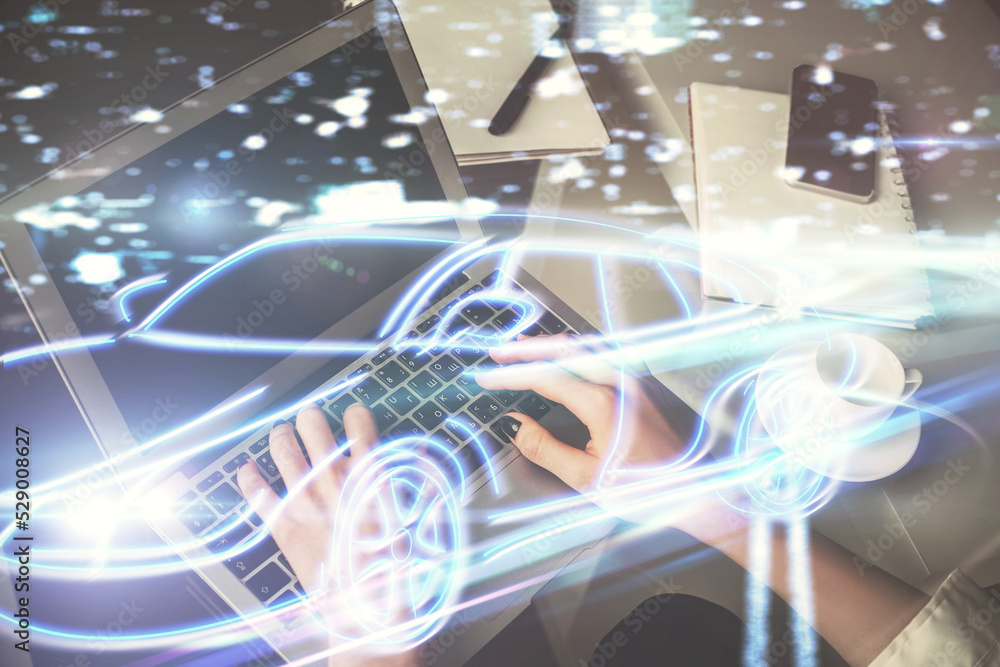 Poster double exposure of woman hands typing on computer and automobile theme drawing. high tech concept.