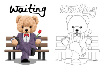 Hand drawn vector illustration of teddy bear in suit on bench while holding flower and smartphone