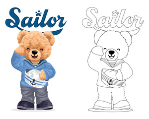 Fototapeta na wymiar Hand drawn vector illustration of teddy bear in sailor costume. Coloring book or page