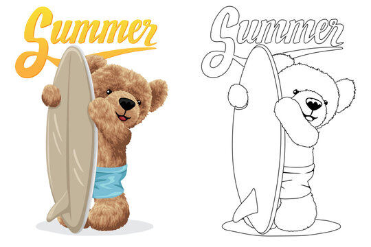 Hand drawn vector illustration of teddy bear with surfboard. Coloring book or page