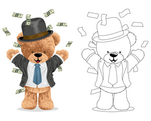 Hand drawn vector illustration of teddy bear in suit with lot of money. Coloring book or page