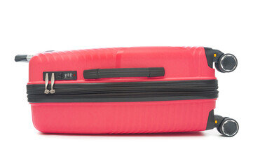 Red plastic travel bag close up on a white background