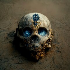 Skull and bones, 3D rendering jewelry skull. Fantasy. Abstract. Fantastic 3D rendered digital. 	