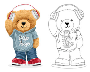 Fototapeta na wymiar Hand drawn vector illustration of teddy bear in hiphop style with headphones. Coloring book or page